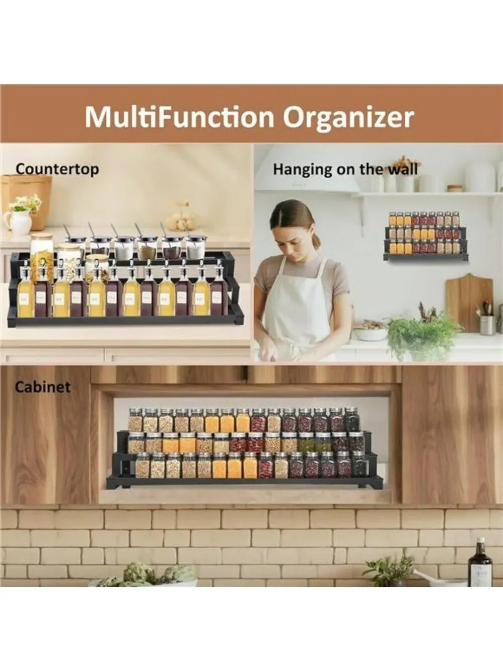 expandable spice rack organizer 3 tier metal cabinet pantry shelf seasoning hold